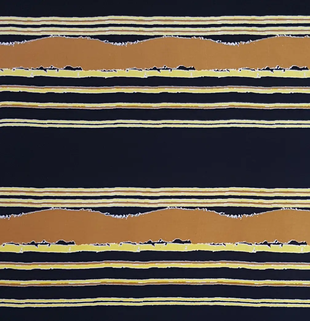 Stripes and Dots6 Collection in Black Yellow. Deep black ground broken by golden-yellow bands and thin yellow pinlines along torn stripe edges.