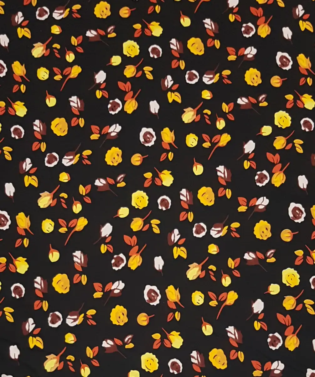 Floral18 Collection in Black Yellow. Deep black background dotted with golden yellow, amber and white blooms with brown leaves.
