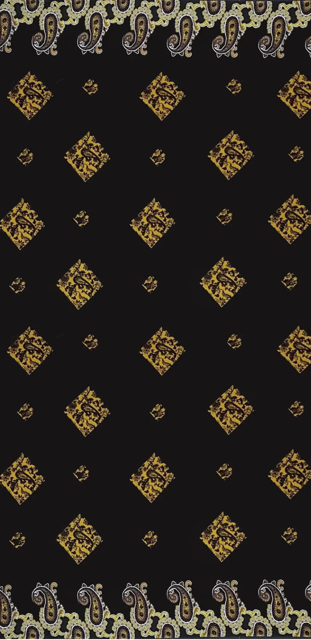 Geometric15 Collection in Black Yellow. Dark black ground carrying bright golden-yellow diamonds packed with mustard floral and scroll detail.