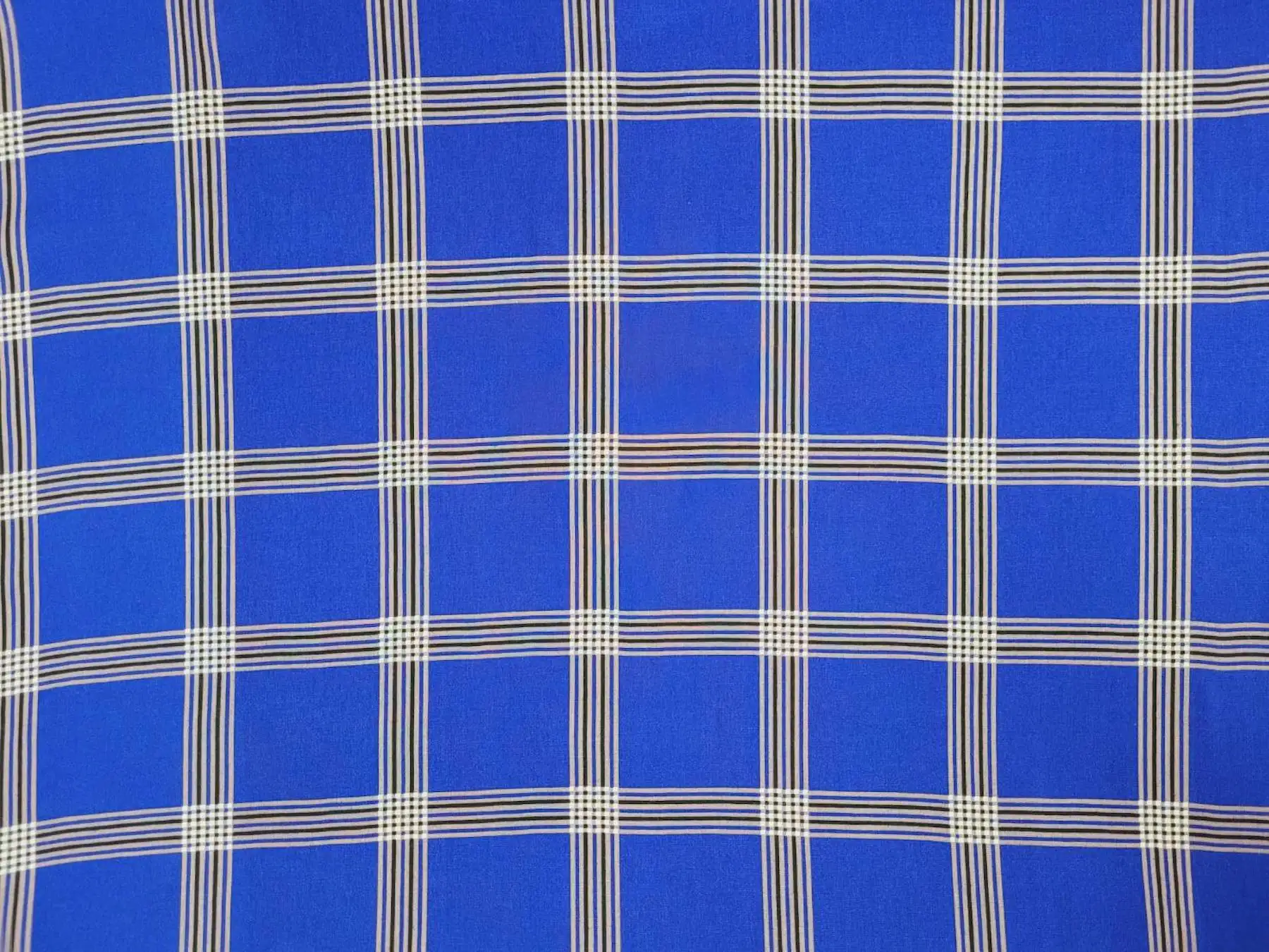 Stripes and Dots10 Collection in Blue. Bright royal-blue ground with thin white and pale-blue lines tracing a wide checkered plaid.