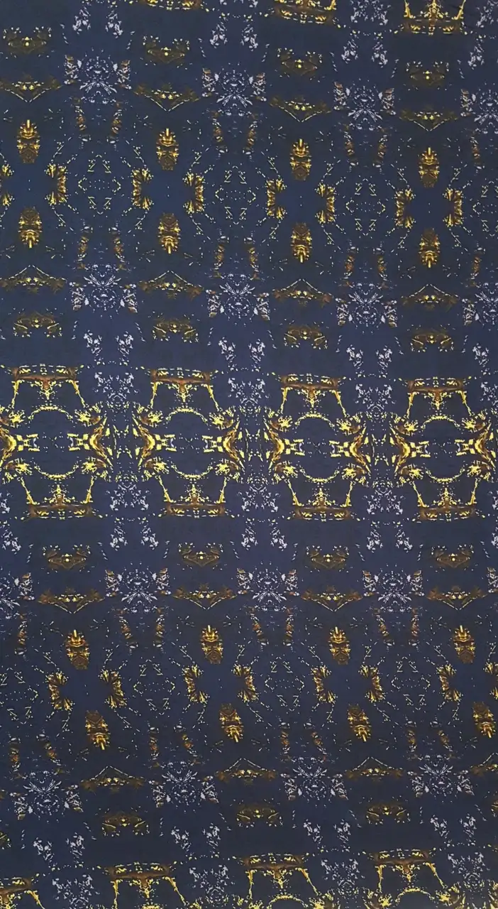 Geometric13 Collection in Blue. Deep navy-blue ground broken up by golden-yellow flecks and pale silvery distressed mottling.