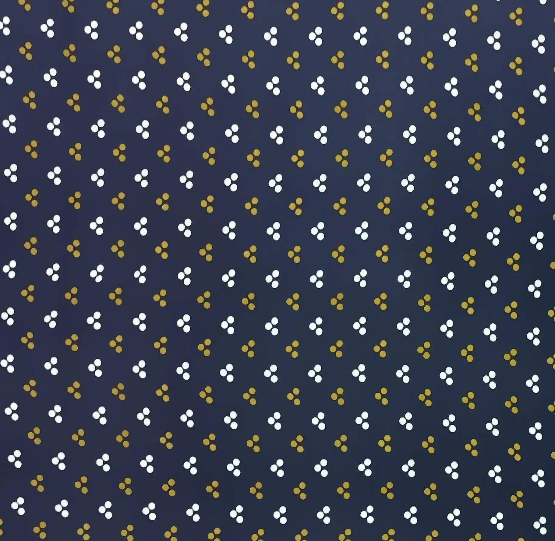 Stripes and Dots2 Collection in Blue. Deep navy ground dotted with trefoil clusters in pale white-blue and warm mustard-gold.