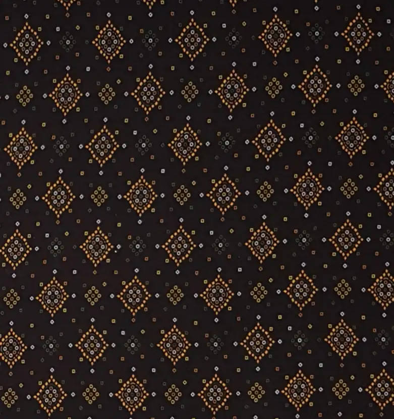 Geometric12 Collection in Brown Yellow. Deep coffee-brown ground scattered with mustard-yellow and green diamond medallions over speckled dots.