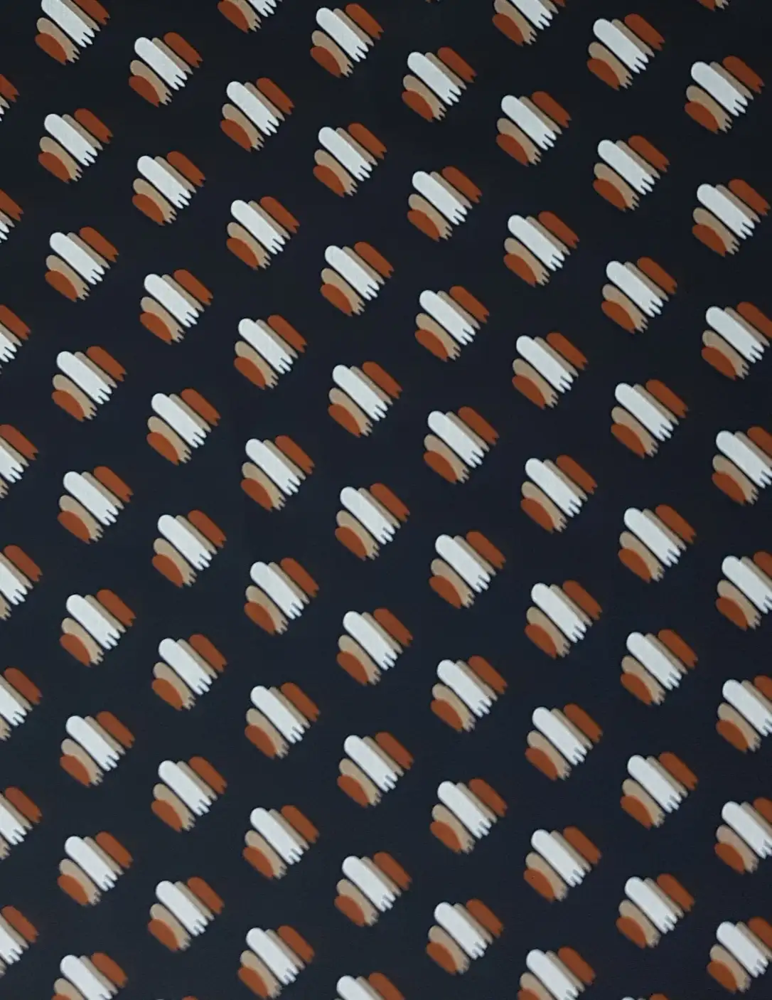 Geometric5 Collection in Brown. Olive-brown ground carrying rows of cream, gold and dark striped pebble shapes.