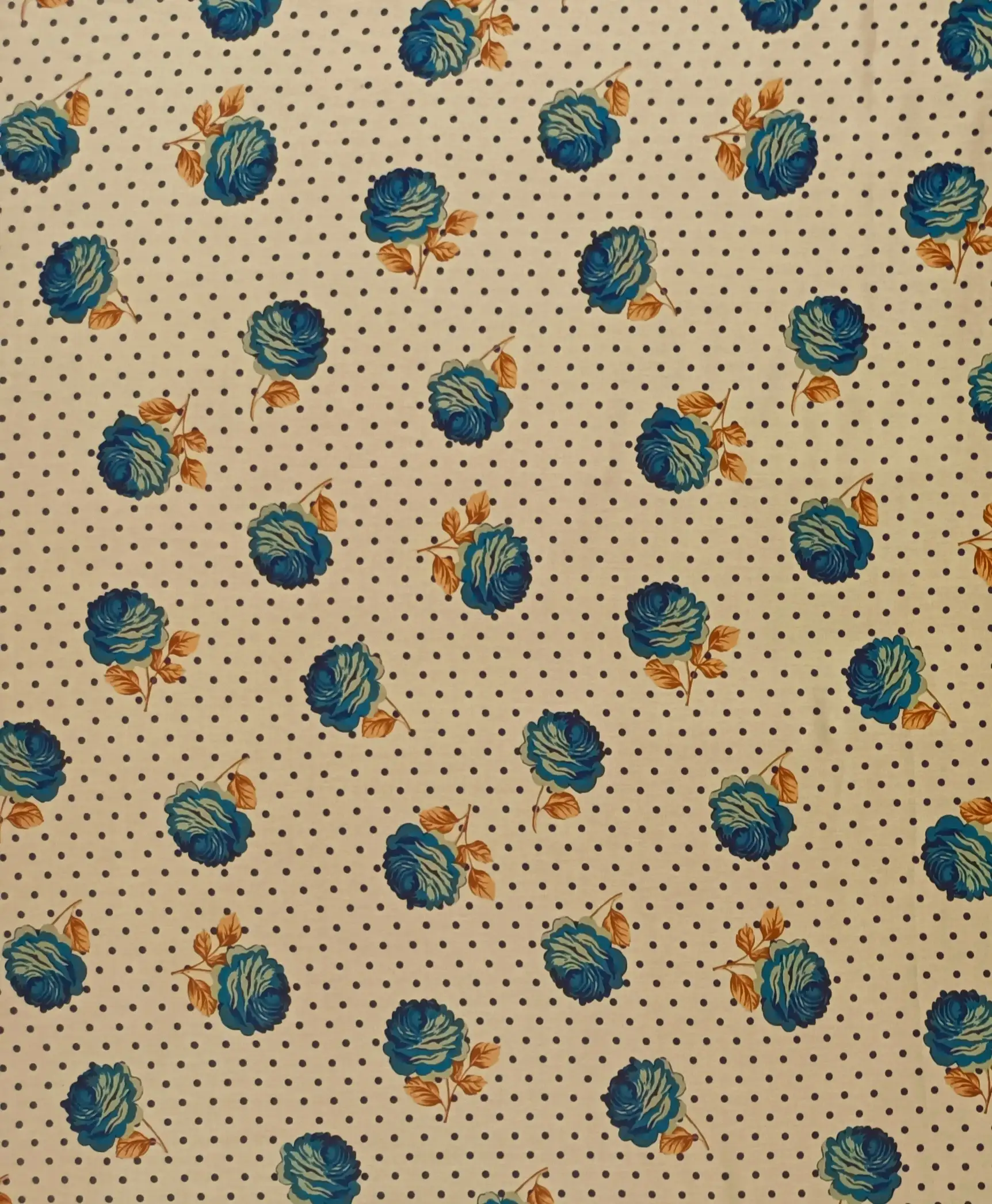 Floral4 Collection in Cream. Beige cream ground with dark brown dots, teal-blue roses, and golden-tan foliage.