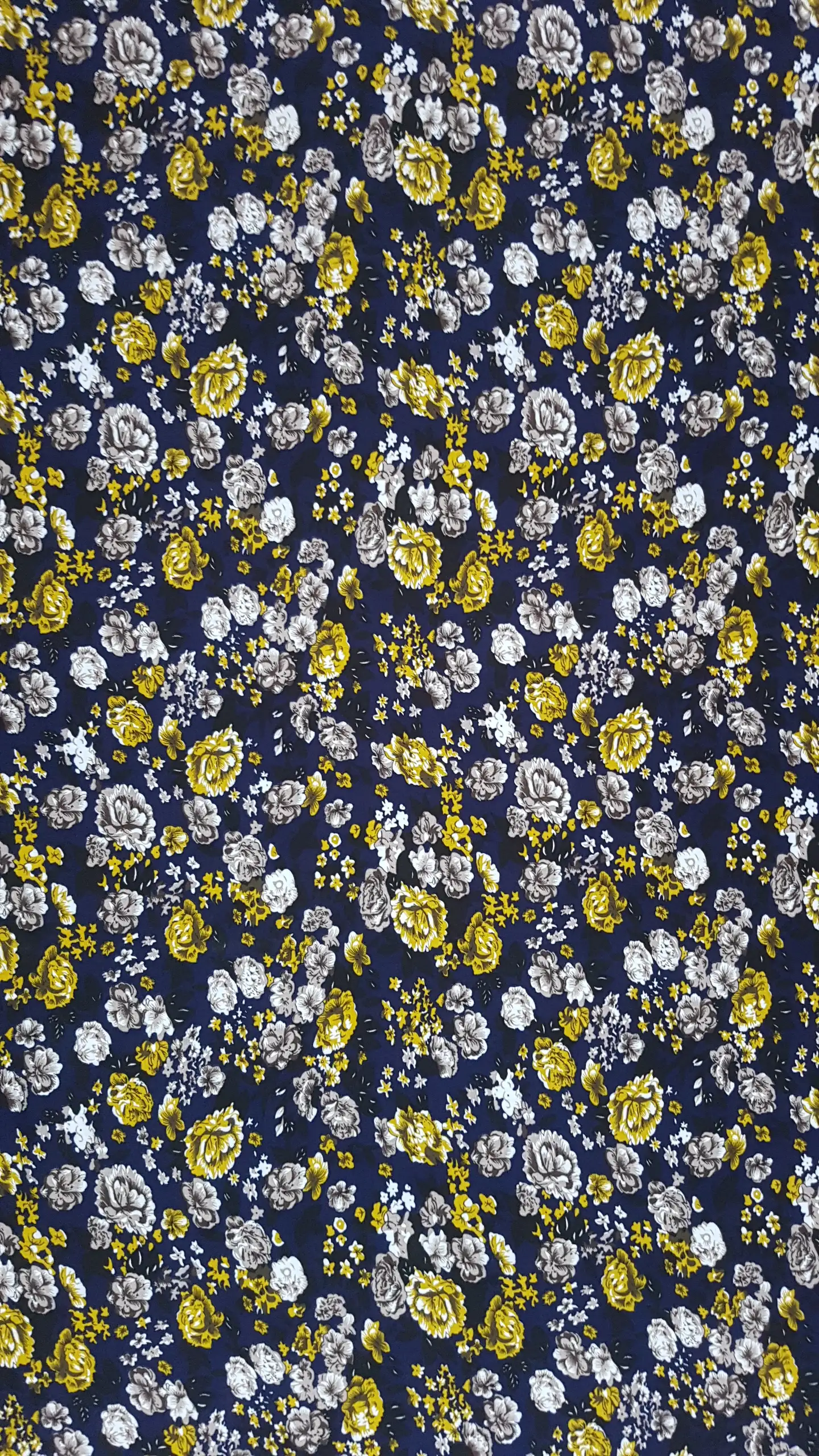 Floral9 Collection in Dark Blue. Deep navy background carrying grey and ivory roses with mustard buds and silvery foliage.