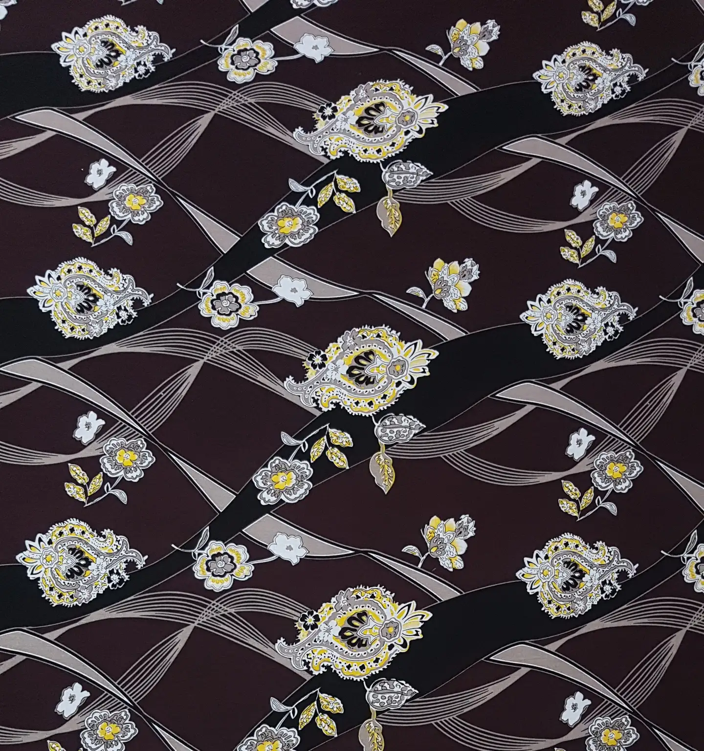 Floral22 Collection in Dark Brown. Deep chocolate-brown background set with ivory and dusty-rose blooms among muted green leaves.