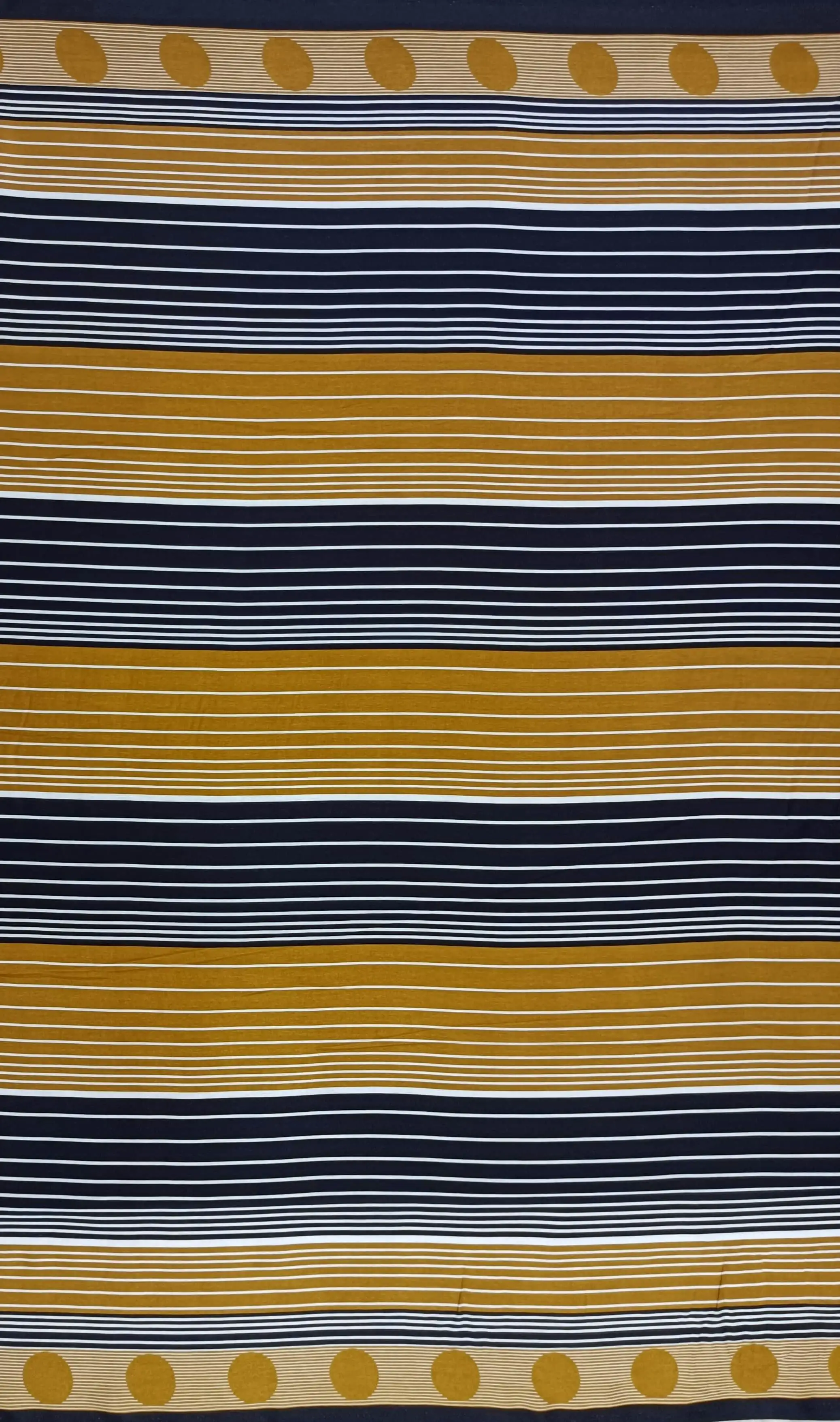 Stripes and Dots5 Collection in Gold. Navy ground broken by bold mustard-gold bands, white hairlines, and golden dot rows.