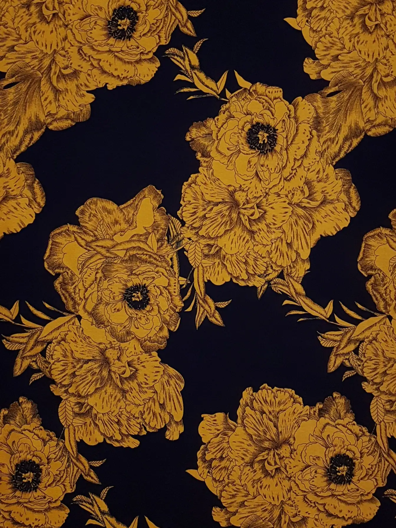 Floral23 Collection in Gold. Deep navy ground carrying large mustard-gold blossoms with darker shading and a small teal flower center.