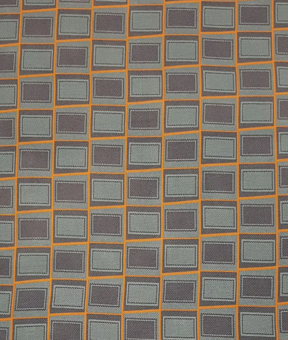 Geometric14 Collection in Green. Soft sage-green ground holding gray rectangle blocks edged by thin gold and ochre lines.