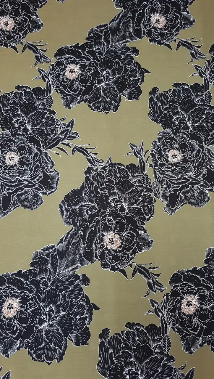 Floral24 Collection in Green. Soft sage-grey ground with muted teal-green blooms and golden-brown flower centers.