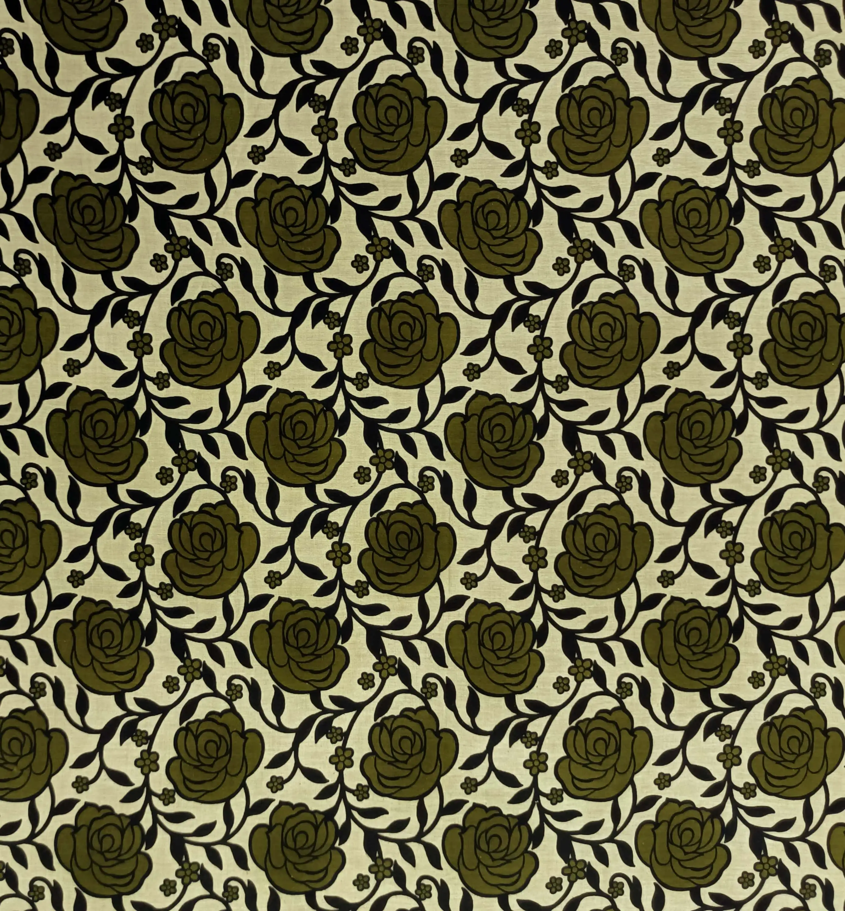 Floral1 Collection in Green. Pale grey-green ground carrying gold vines, slate-grey roses and small dusty blue flowers.