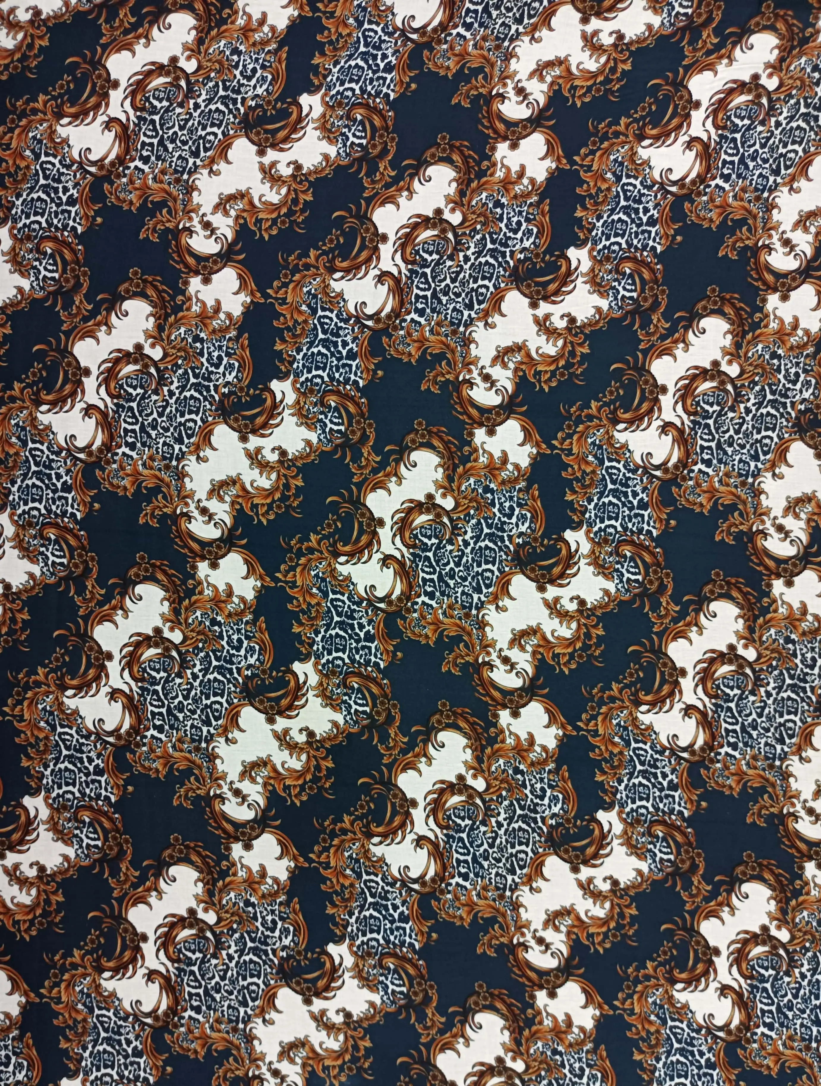 Geometric2 Collection in Navy Blue. Deep navy background carrying bright gold filigree swirls over subtle dark leopard markings.