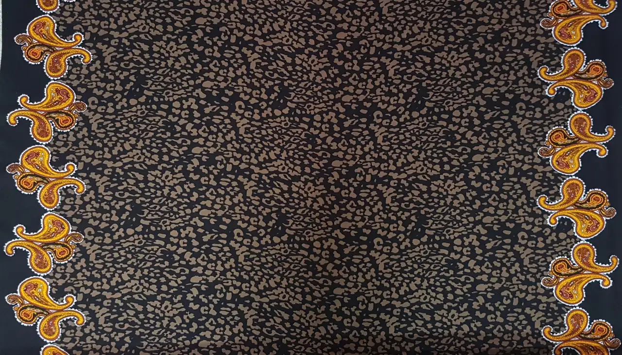 Stripes and Dots12 Collection in Orange Paisley Motif. Brown ground with tan and chocolate spots, edged by warm orange and gold paisley scrolls.
