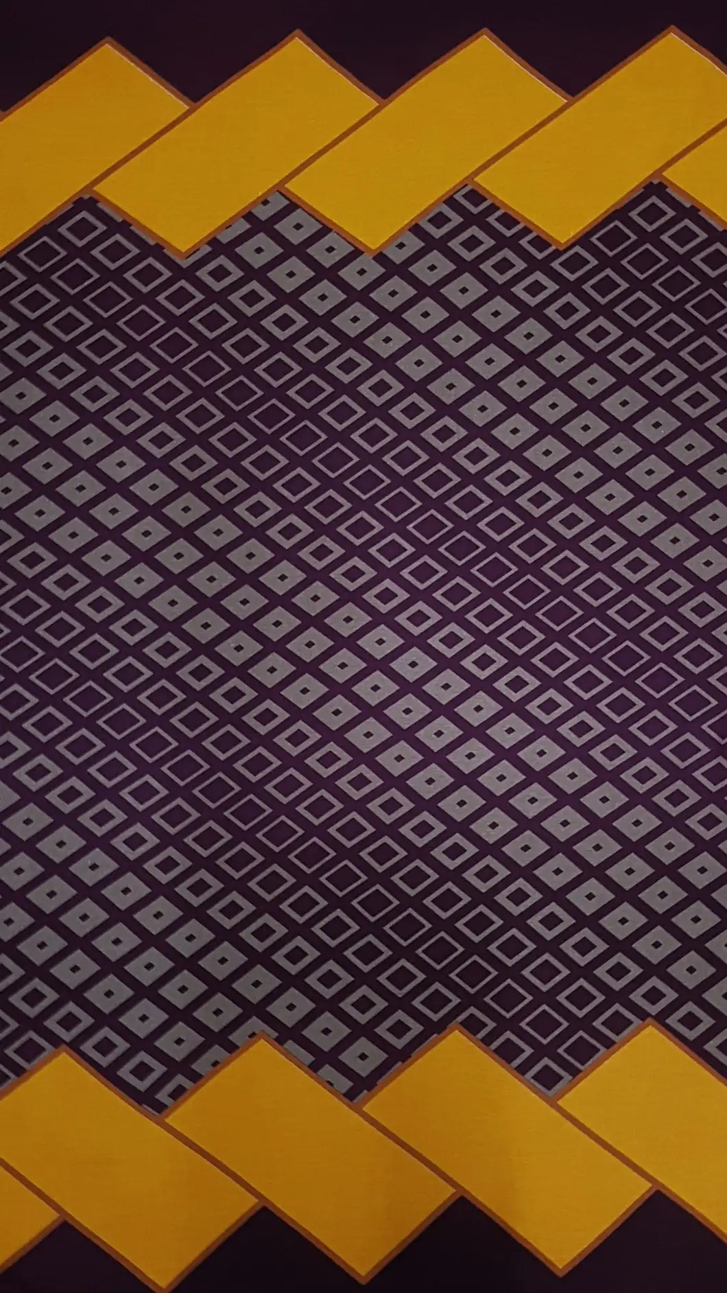 Geometric11 Collection in Purple. Deep wine-purple ground carrying a tan and beige diamond trellis, edged with golden-yellow and dark curved bands.