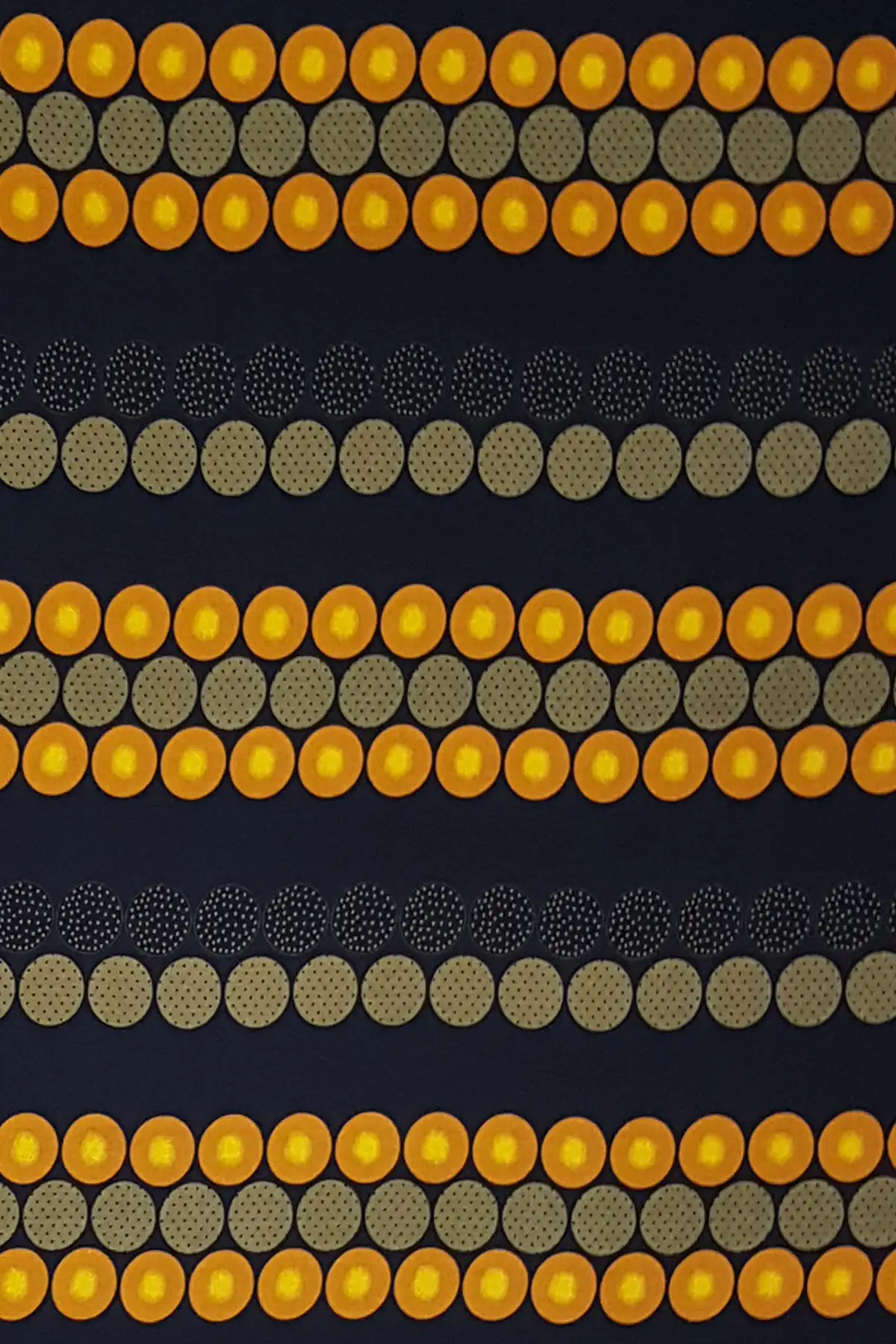 Stripes and Dots14 Collection in Black Yellow. Black ground with golden-yellow and amber dots stacked in bold horizontal rows.