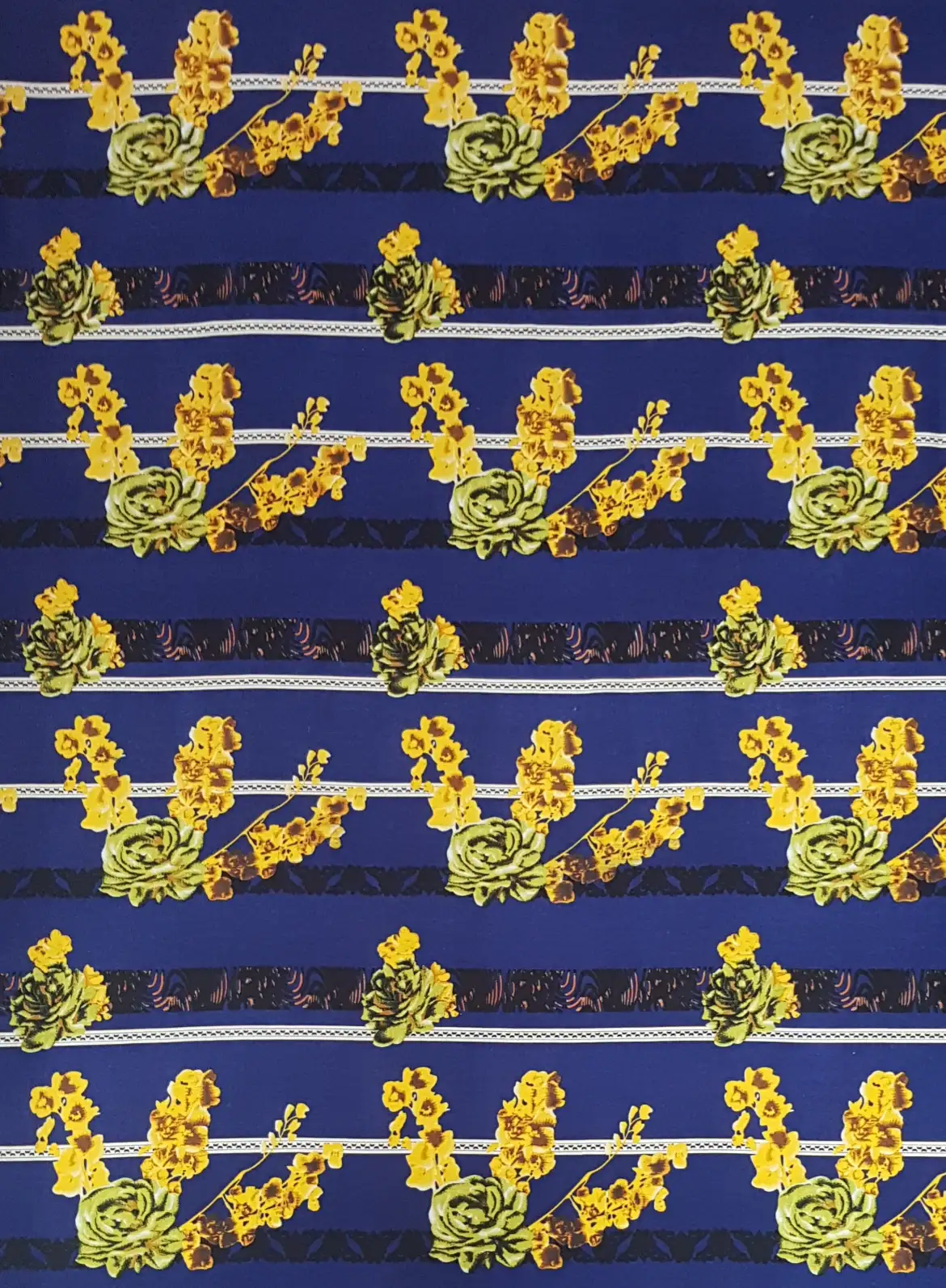 Floral20 Collection in Blue Yellow Flowers. Royal blue ground patterned with bright yellow roses, cream sprays, and black lattice bands.