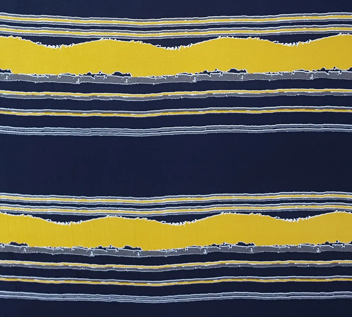 Stripes and Dots6 Collection in Blue Yellow. Slate blue-grey ground striped with crimson red, mustard yellow, and fine white painterly lines.