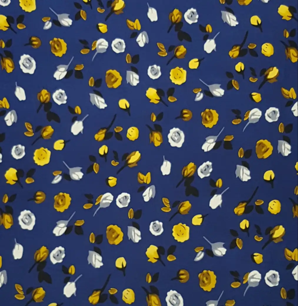 Floral18 Collection in Blue. Bright cobalt blue ground tossed with yellow, gold and pale grey-blue flowers and leaves.