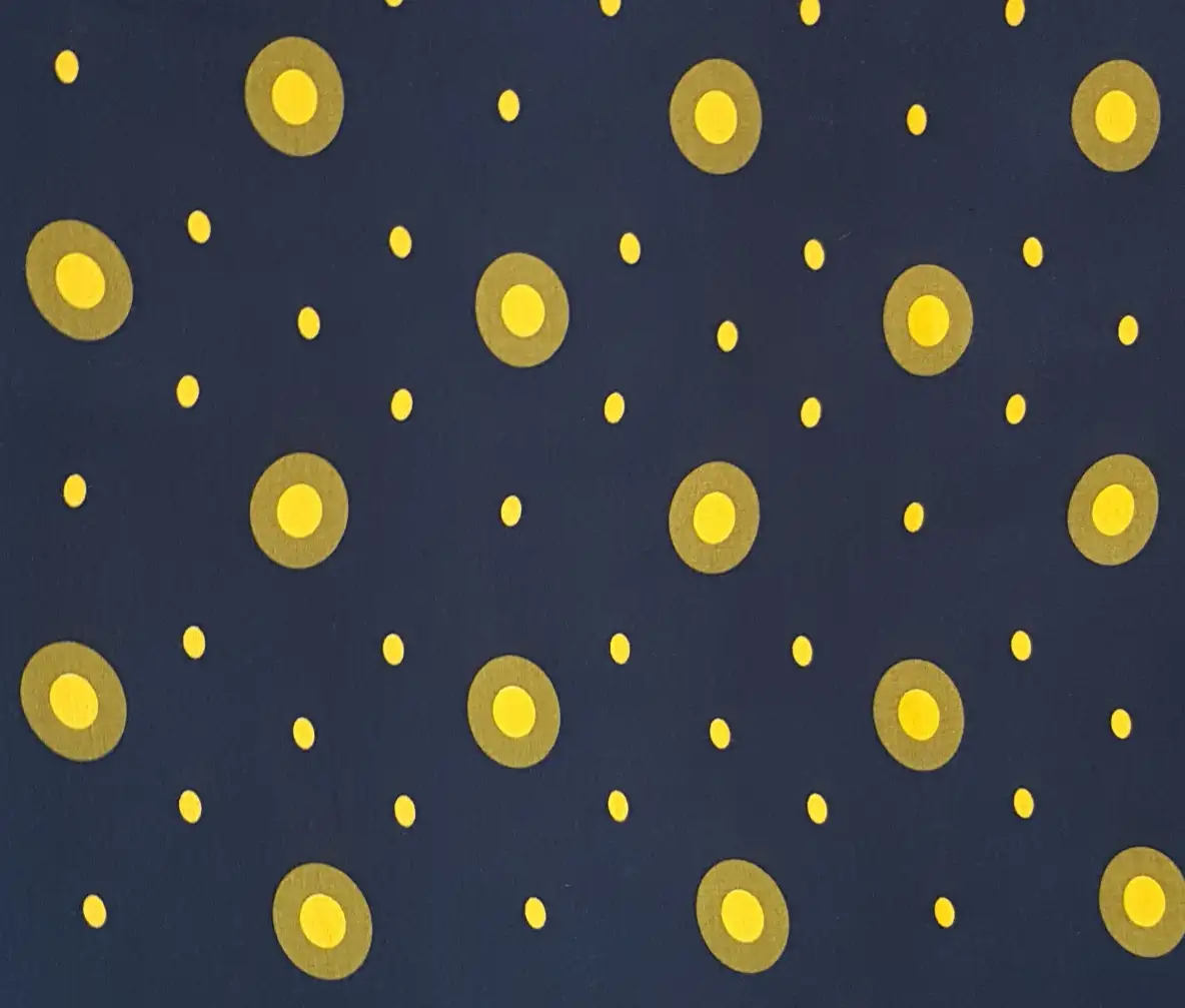 Stripes and Dots9 Collection in Blue. Navy-blue ground covered in mustard-gold dots and yellow ringed bubbles of varying sizes.