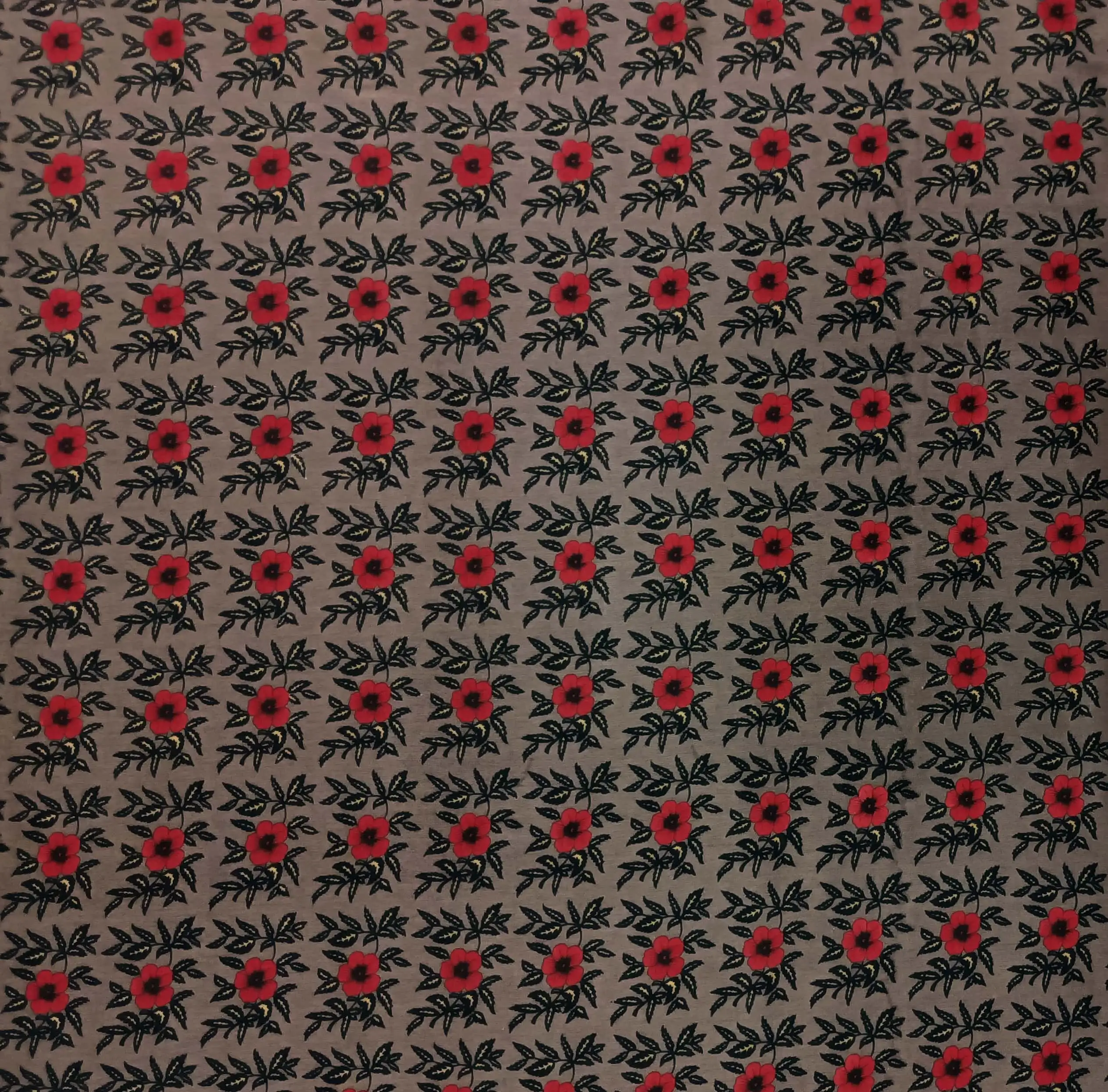 Floral3 Collection in Brown. Warm taupe-brown ground dotted with small crimson-red flowers on fine brown branches.