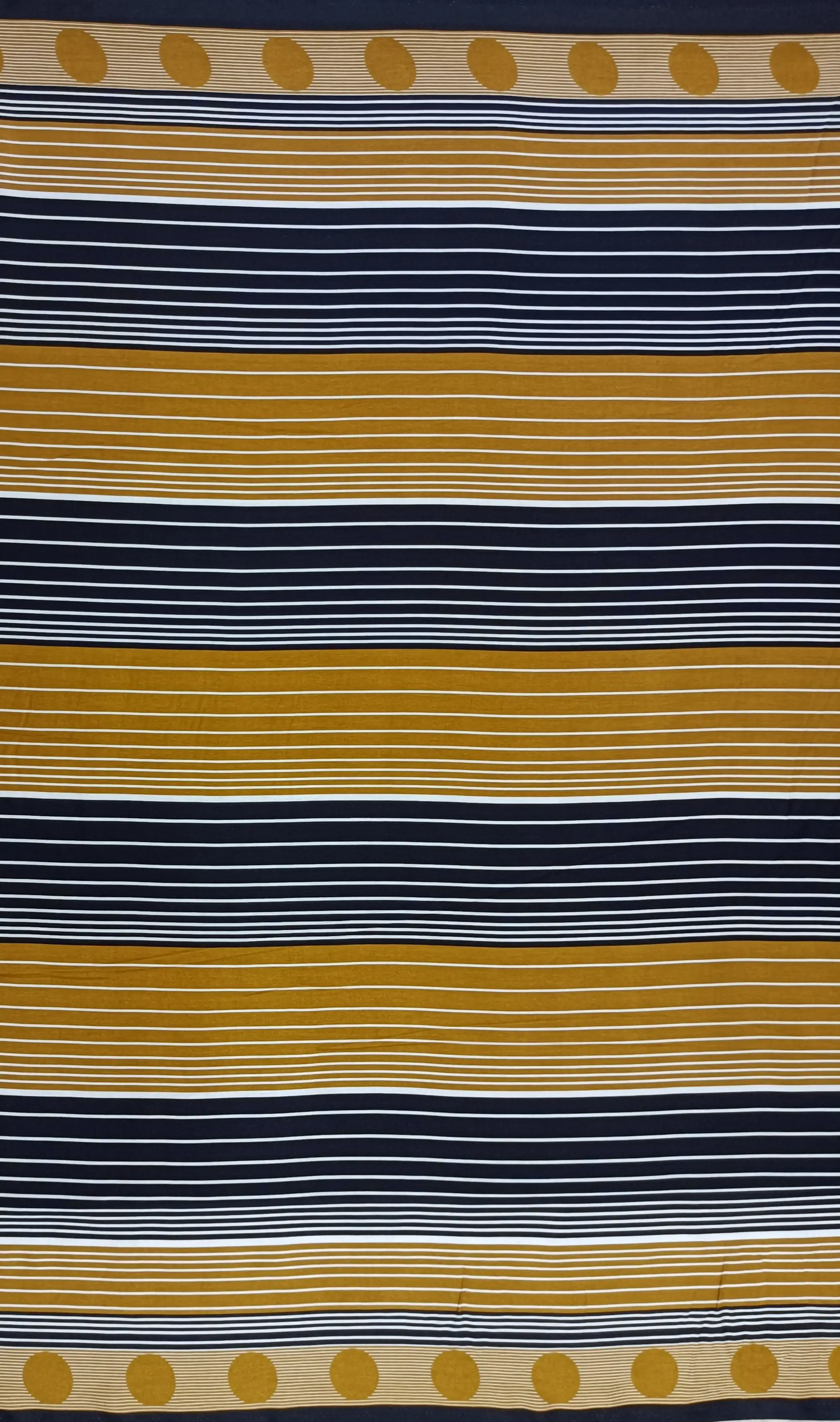 Stripes and Dots5 Collection in Gold. Navy ground broken by bold mustard-gold bands, white hairlines, and golden dot rows.