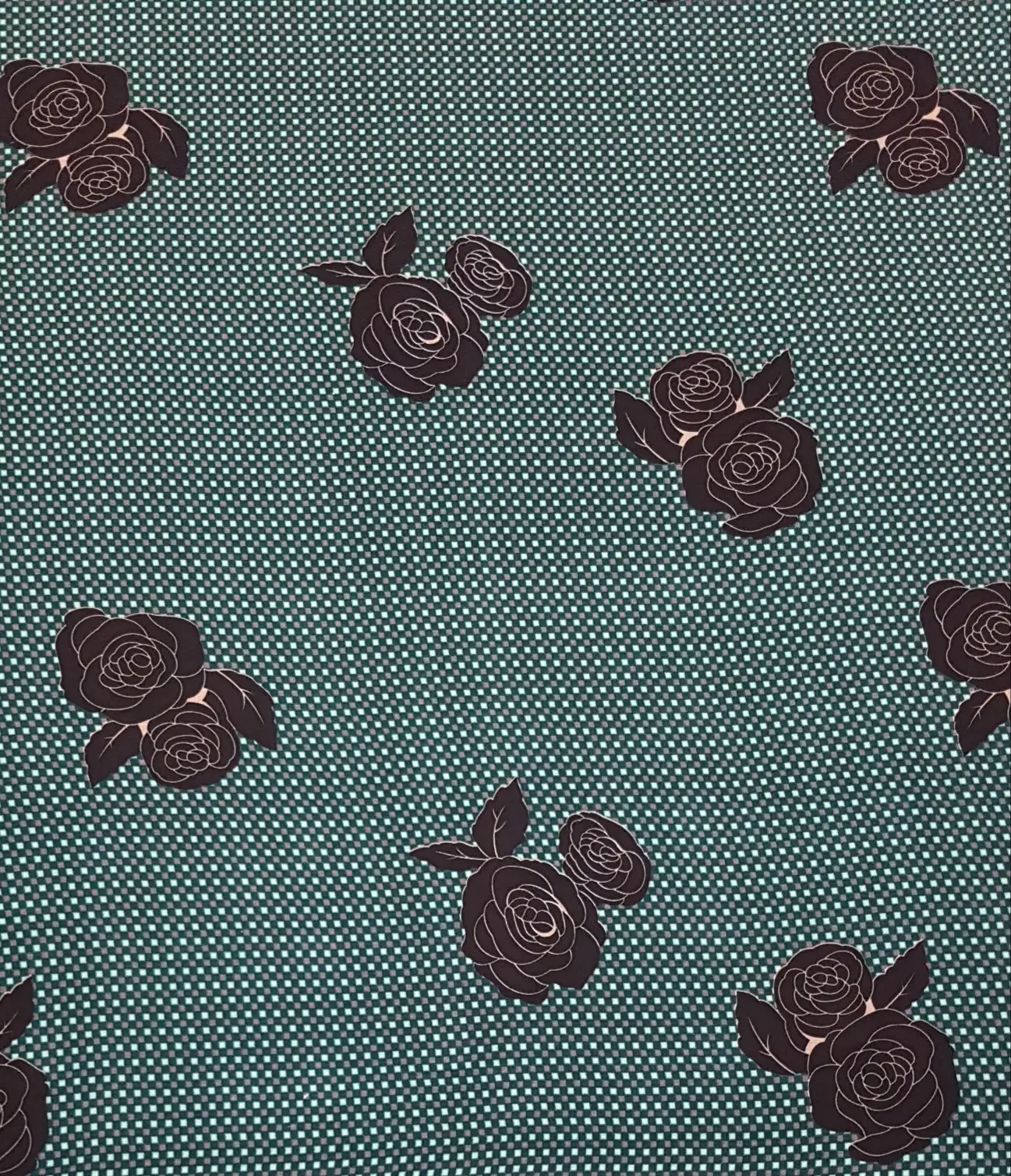 Floral13 Collection in Green. Deep teal-green ground with black roses, the petals edged in soft gray detailing.