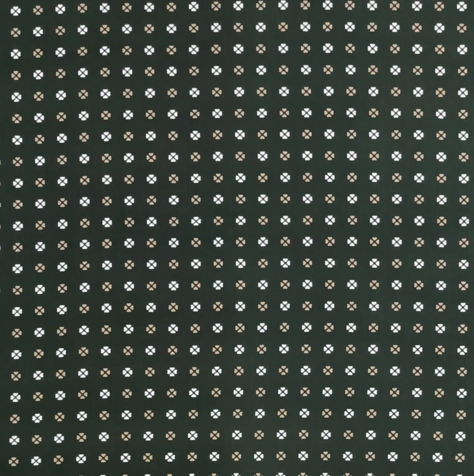 Geometric3 Collection in Green. Deep forest ground patterned with khaki crossed circles and crisp white four-dot blossoms.