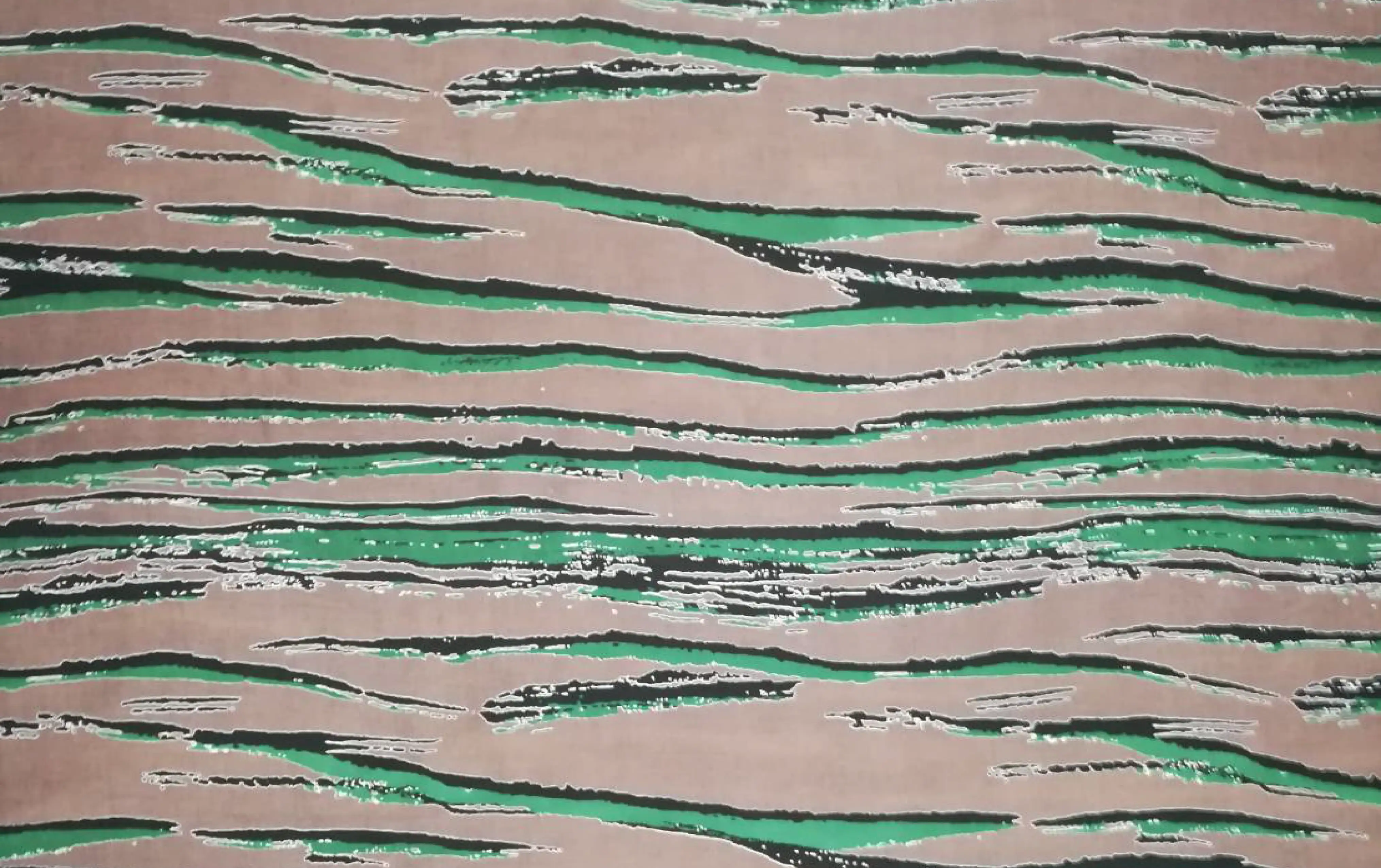 Stripes and Dots8 Collection in Grey Green. Warm taupe-grey ground striped with forest green, charcoal, and pale silvery flecked outlines.