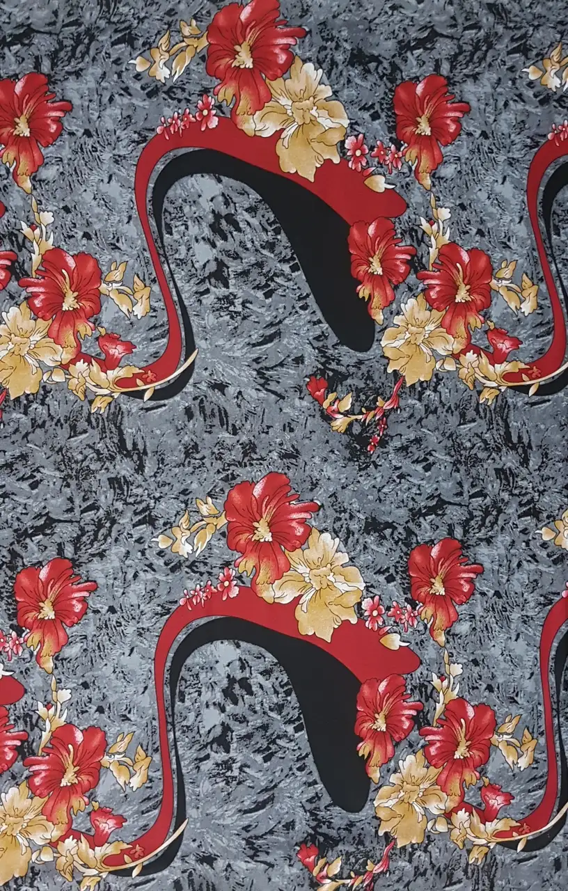 Floral19 Collection in Grey. Smoky grey marbled ground scattered with bright red hibiscus and tan leafy stems.