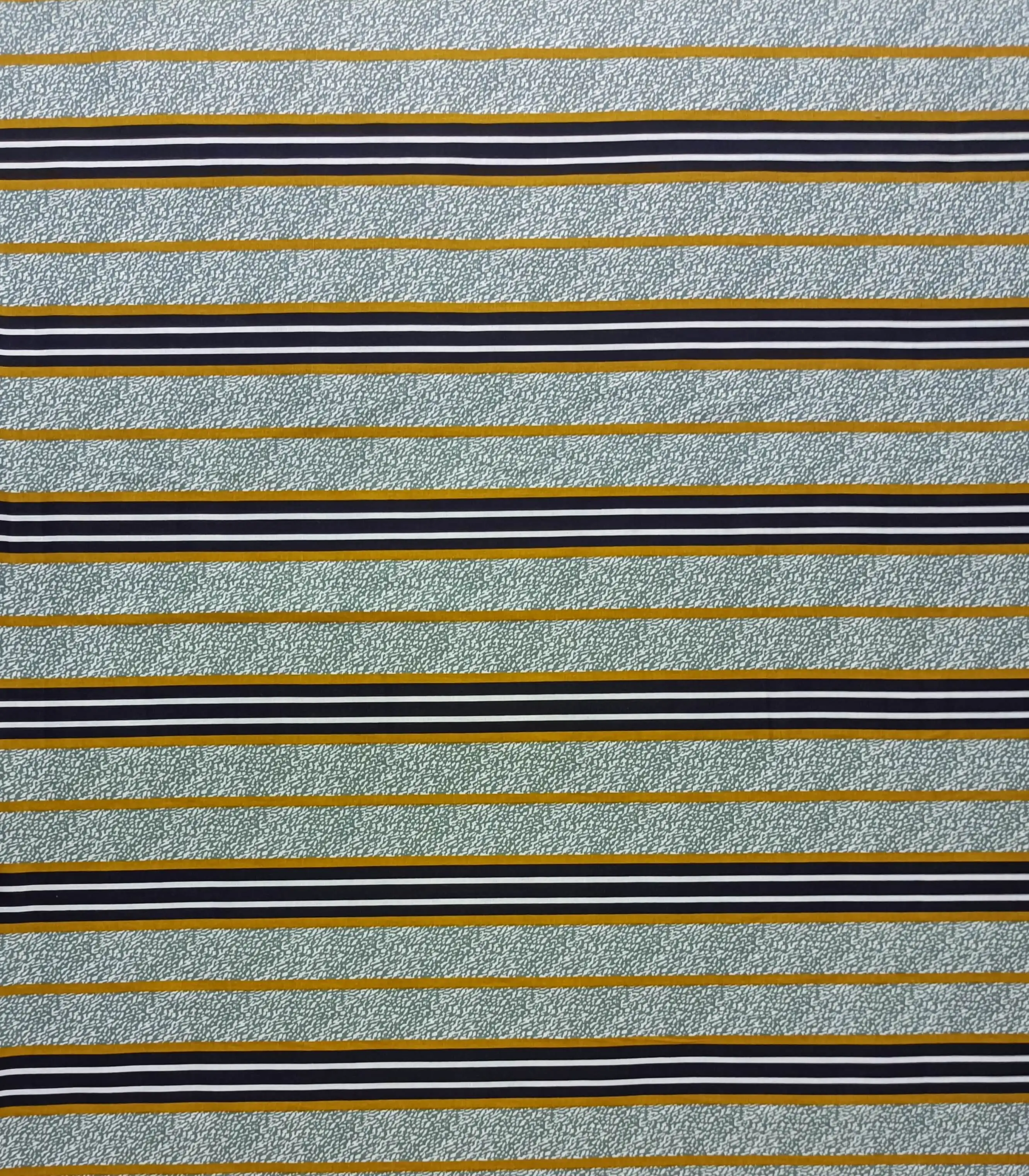 Stripes and Dots19 Collection in Light Green. Pale sage-mottled ground striped with mustard, black, and crisp white horizontal lines.