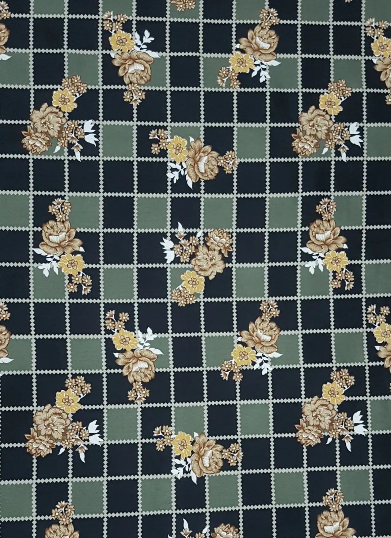 Floral7 Collection in Light Green. Pale sage-green ground with a white windowpane grid, accented by small white and yellow flower sprigs.