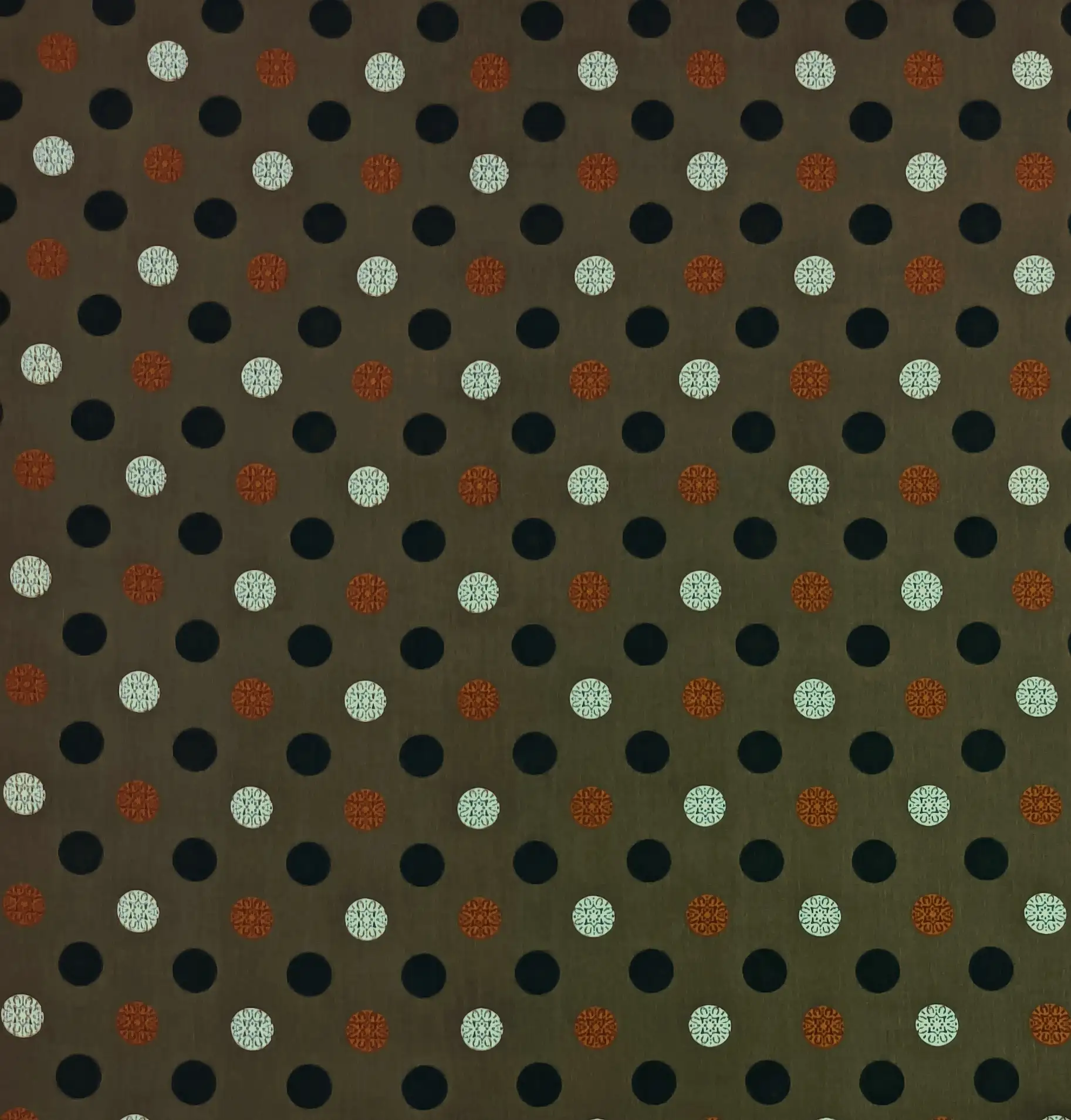 Stripes and Dots3 Collection in Orange. Warm tan ground with black solid dots plus rust-orange and cream starburst-filled circles.