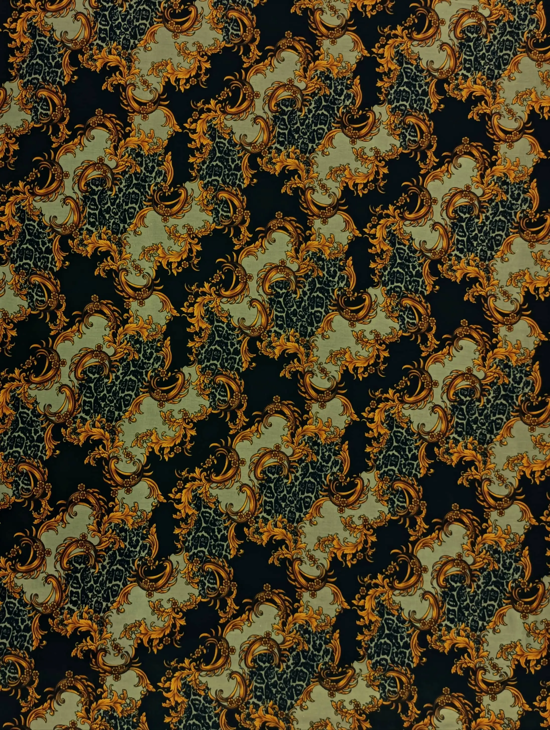 Geometric2 Collection in Orange. Black ground lit by vivid orange and amber scrollwork with tawny leopard-spot accents.