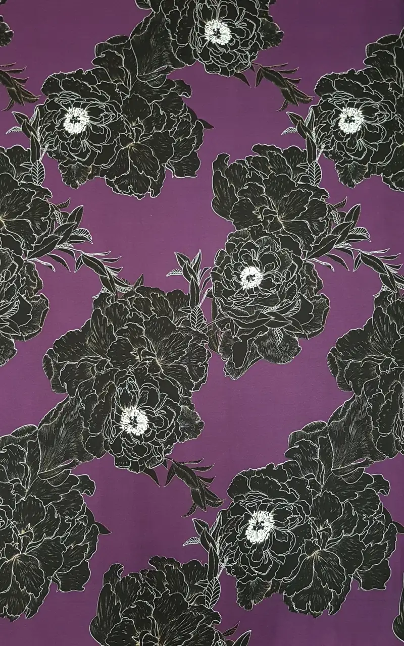 Floral24 Collection in Purple. Magenta-purple ground with large black flowers detailed in thin silvery-white outlines.