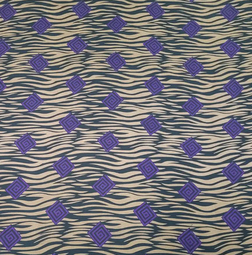 Stripes and Dots17 Collection in Purple. Camel and black streaks set off bold violet concentric-diamond labyrinths edged in dark brown.