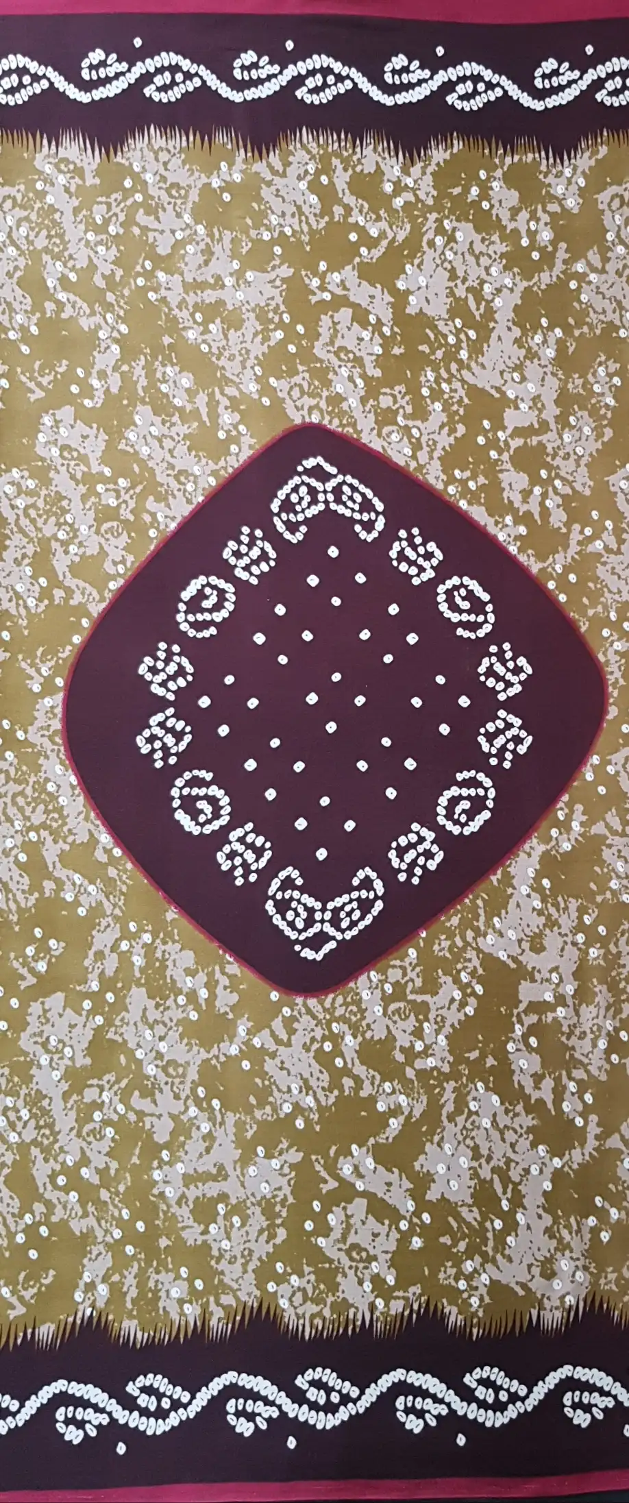 Geometric8 Collection in Purple. Golden-yellow mottled field over a near-black panel, scattered with white dot-rings and curled paisley motifs.