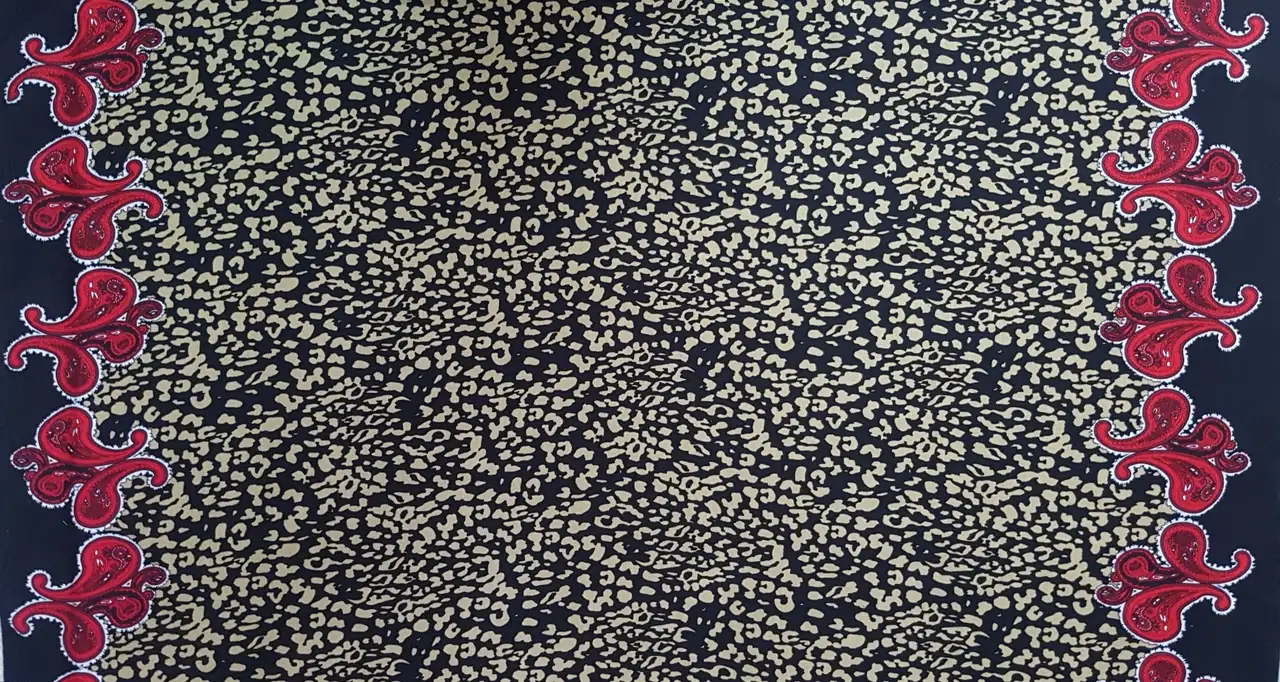 Stripes and Dots12 Collection in Red Paisley Motif. Dark ground sprinkled with pale ivory spots, bordered by deep red and crimson paisleys.