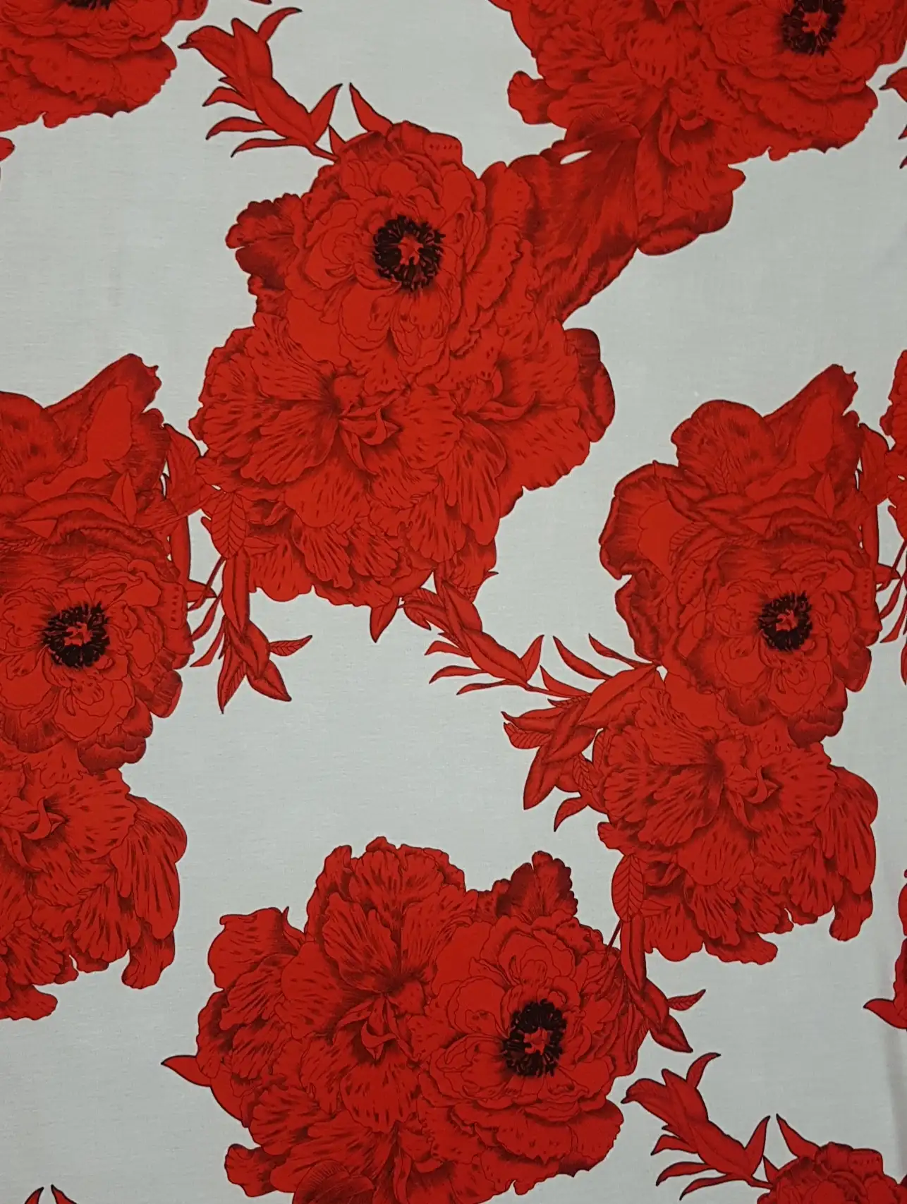 Floral23 Collection in Red. Pale blush ivory ground with bold scarlet peonies and scattered grey and gold accent blooms.