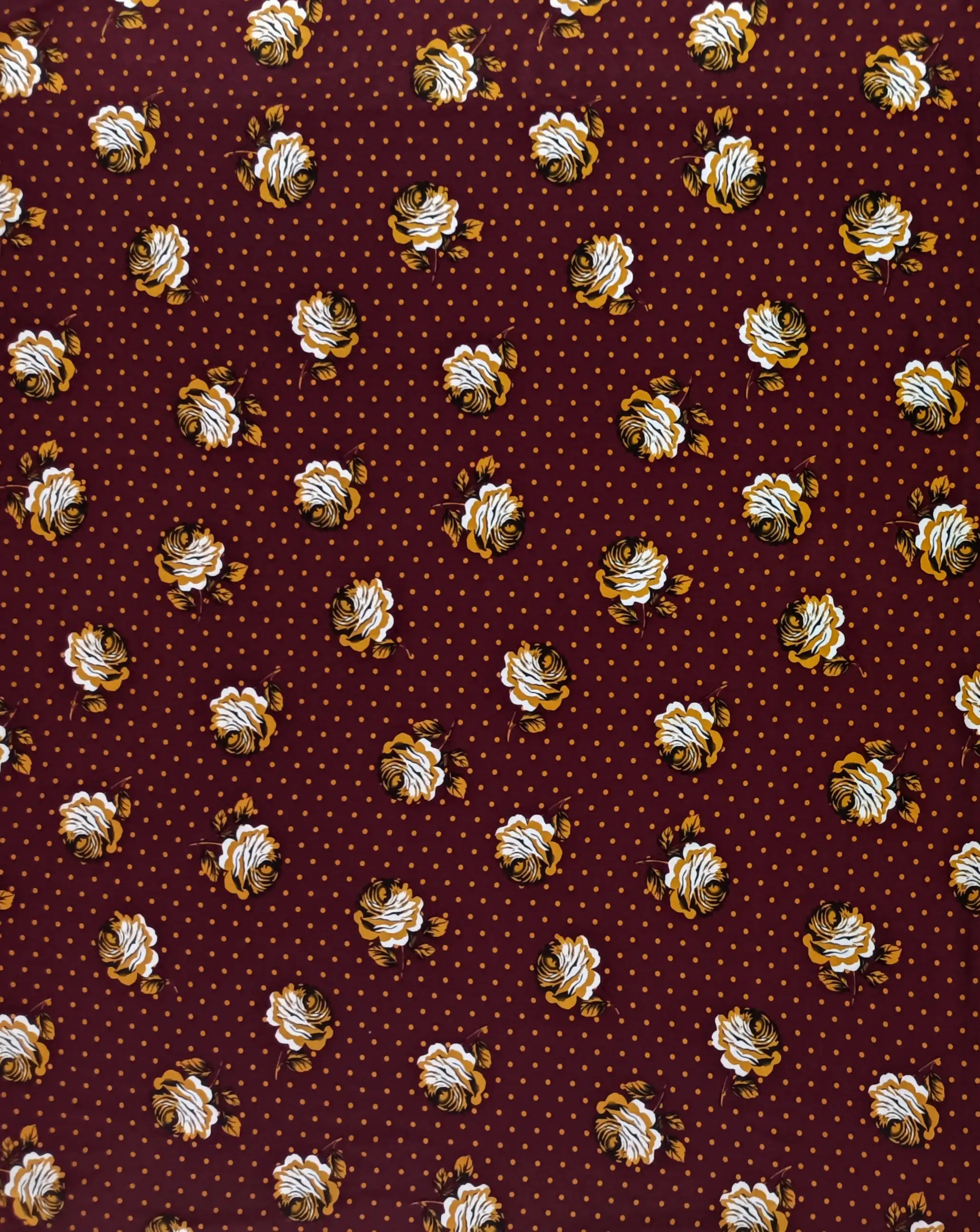 Floral4 Collection in Red. Deep maroon ground sprinkled with orange dots and cream-and-gold layered roses.