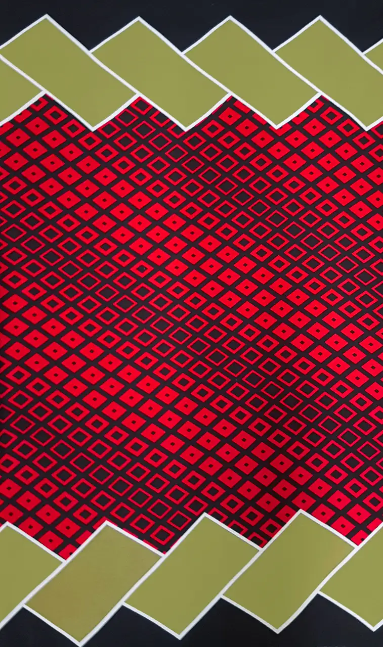 Geometric11 Collection in Red. Black ground scattered with bright red outlined diamonds and red dots, bordered by scarlet and olive arcs.