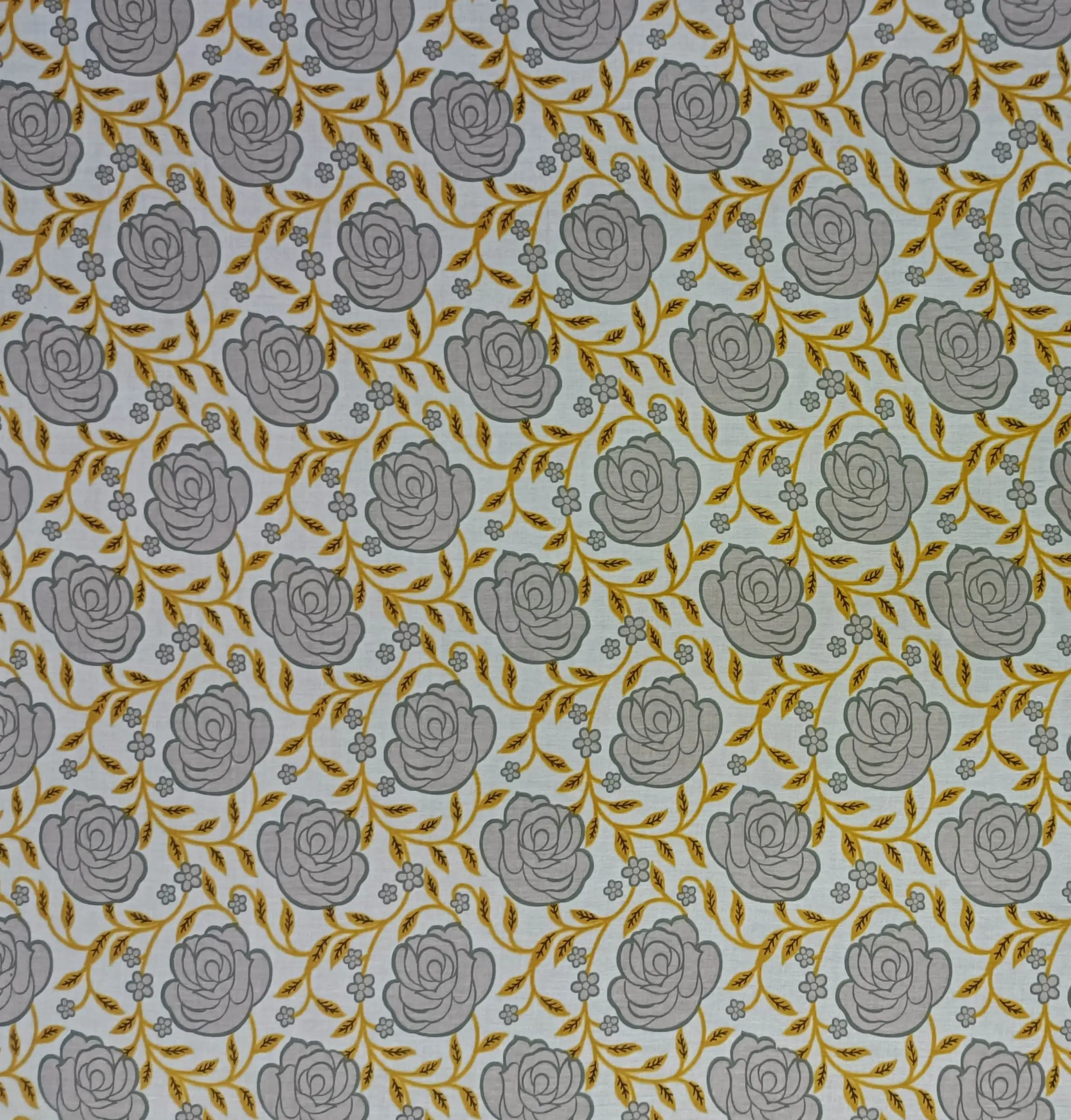 Floral1 Collection in White. Near-black ground with warm tan and peach roses outlined by crisp white leafy stems.