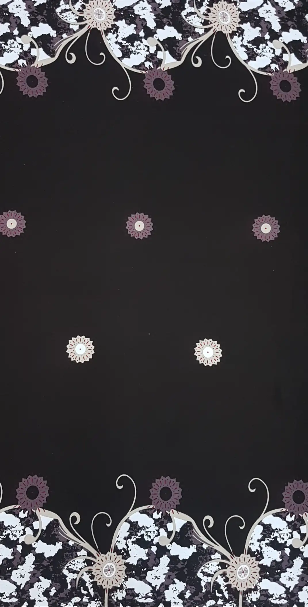 Floral21 Collection in White. Black ground topped by a silvery white splattered panel and an open white scroll-framed daisy.