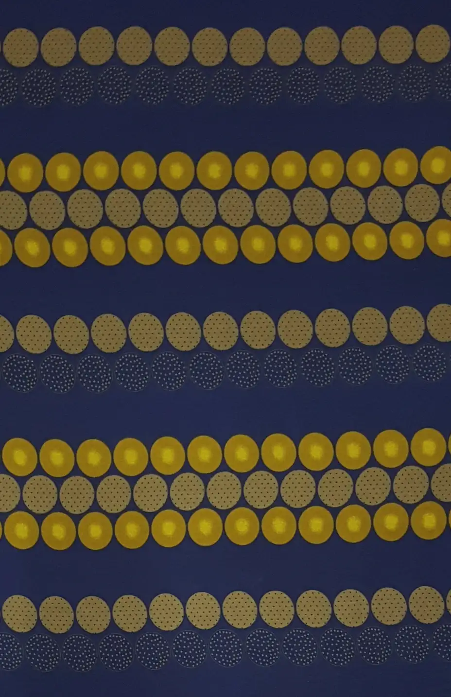 Stripes and Dots14 Collection in Blue Yellow. Royal blue ground with mustard-gold and olive dome-dots in even rows.