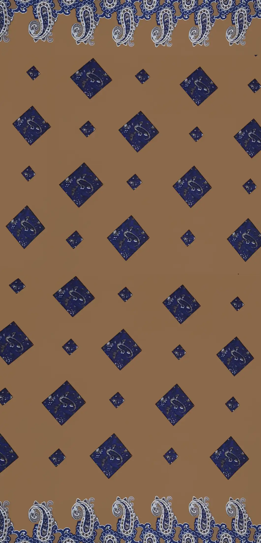 Geometric15 Collection in Cream. Warm tan-cream ground showing royal-blue diamonds outlined in gold with fine floral fill.