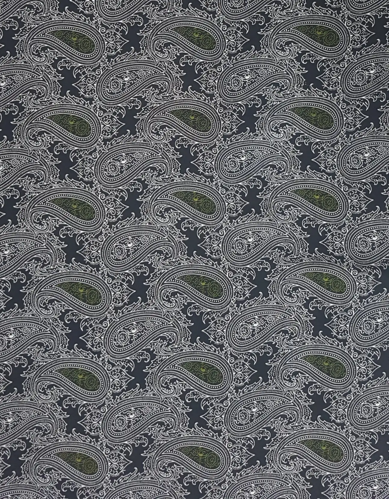 Geometric16 Collection in Green. Muted sage-green ground with deep maroon paisleys and tarnished gold teardrop highlights.