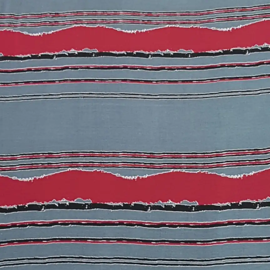 Stripes and Dots6 Collection in Grey Red. Stone grey ground with bold black bands, red accent lines, and frayed white-speckled wave borders.