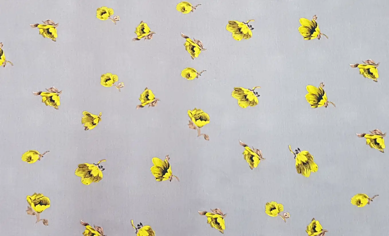 Floral17 Collection in Grey Yellow. Coral-red ground showing soft grey-and-cream petals with mustard centers and tiny stems.