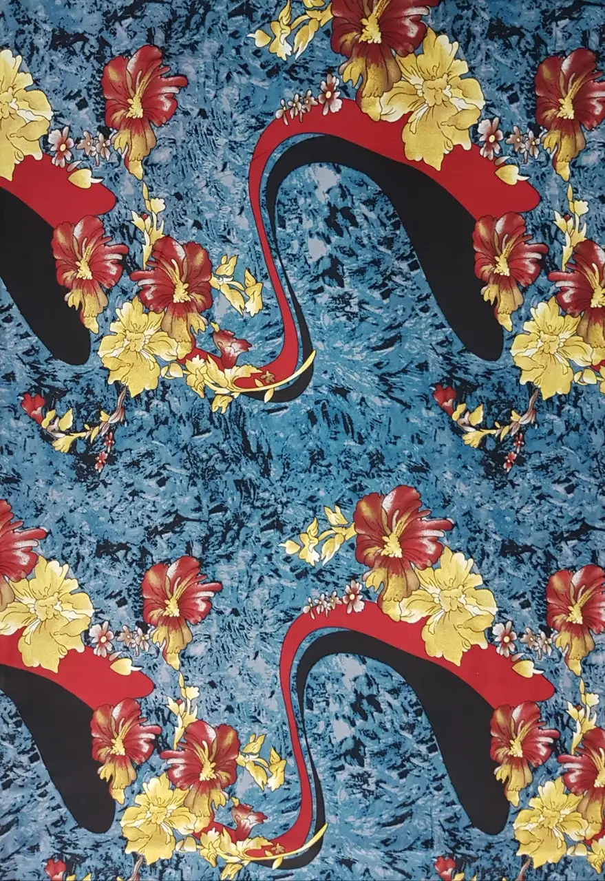 Floral19 Collection in Light Blue. Soft sky-blue background with coral-red flowers and pale yellow trailing sprays.