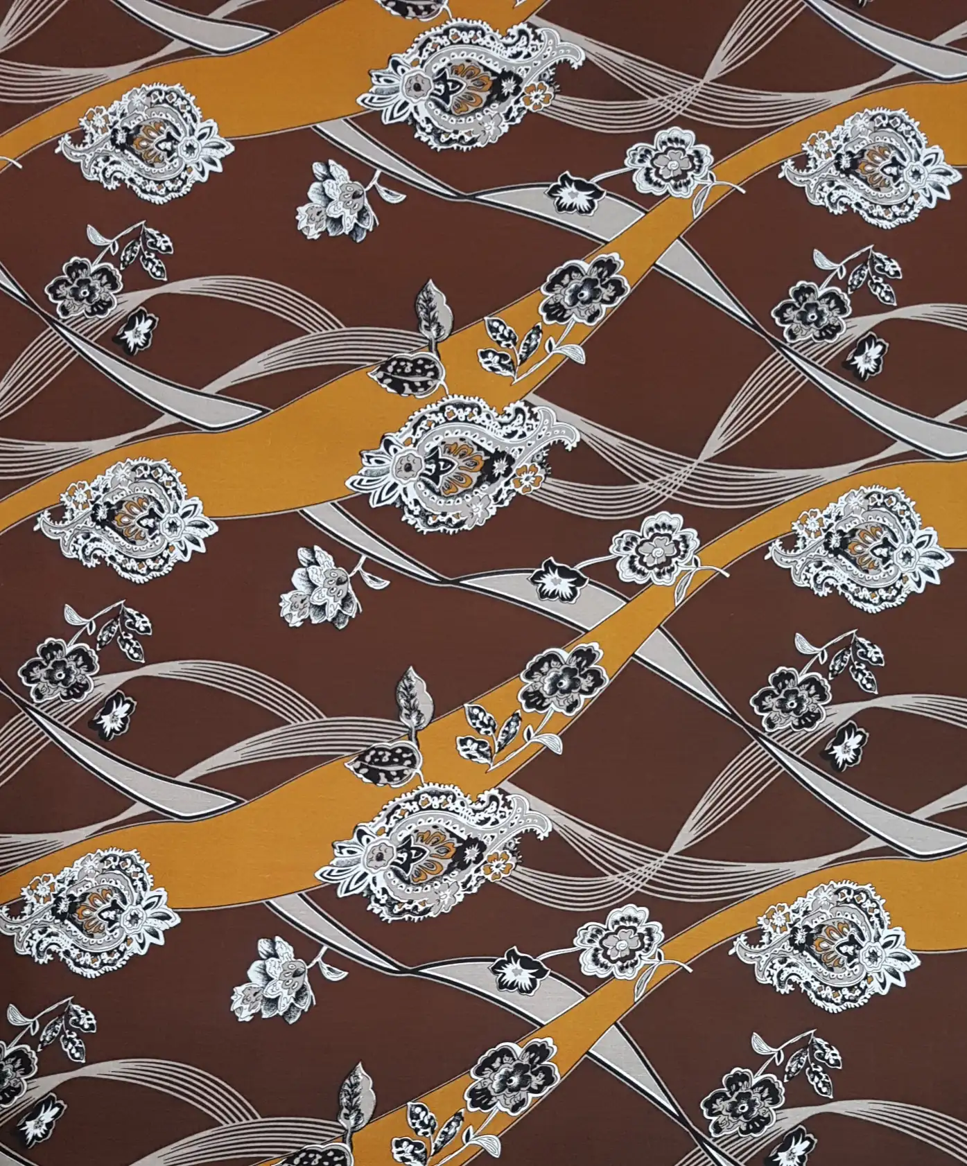 Floral22 Collection in Light Brown. Warm tan ground scattered with white and blush roses over sage and taupe vines.